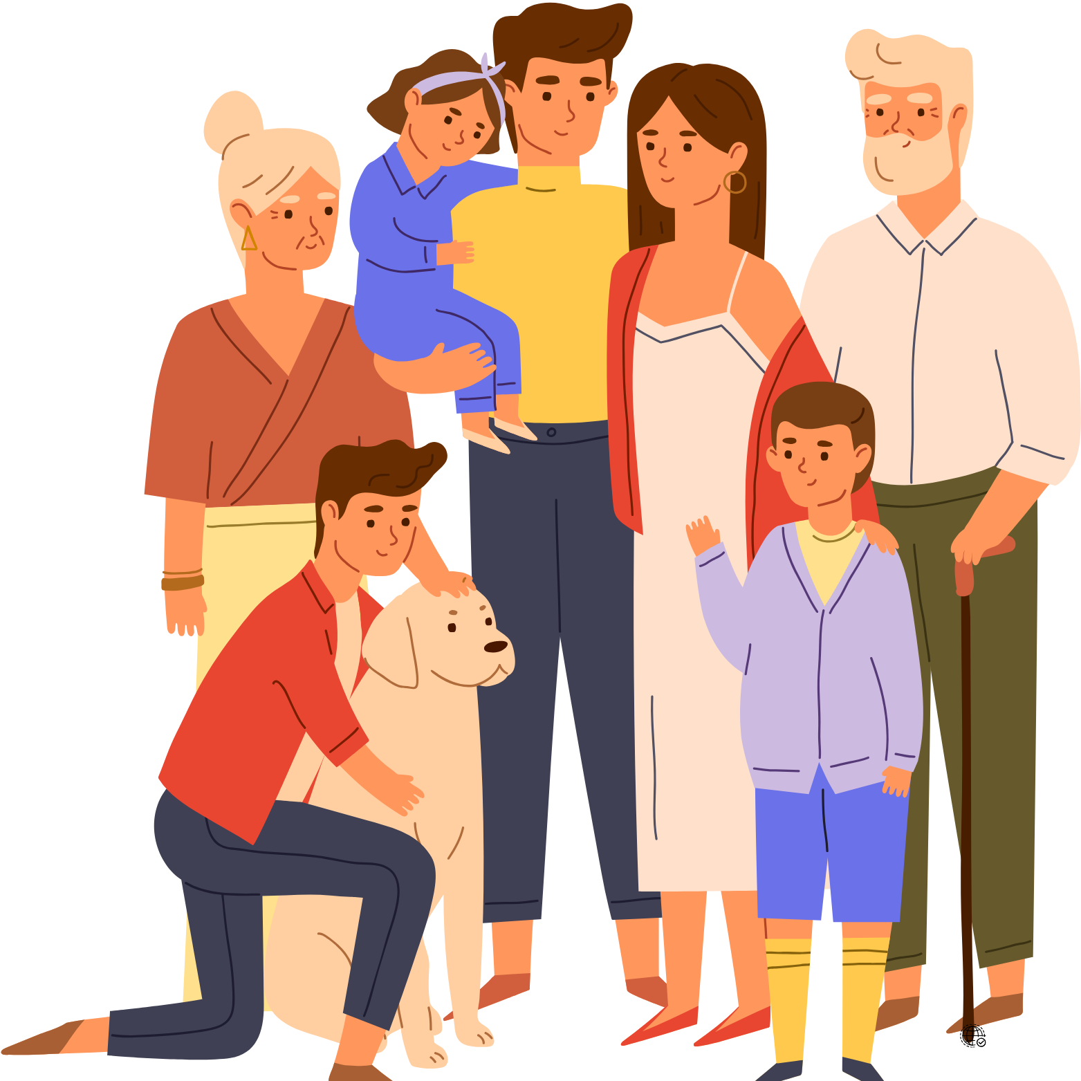 Multi-generational family portrait showing grandparents, parents, and children smiling together, representing family financial security and legacy planning